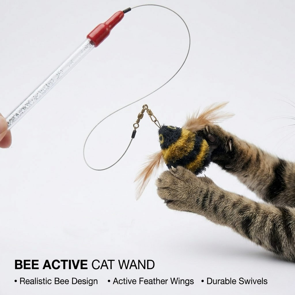 Junavex Bumblebee Series Interactive Cat Teaser - 360° Rotating Steel Wire Wand with Shimmering Handle and Natural Feathers for Active Play.
