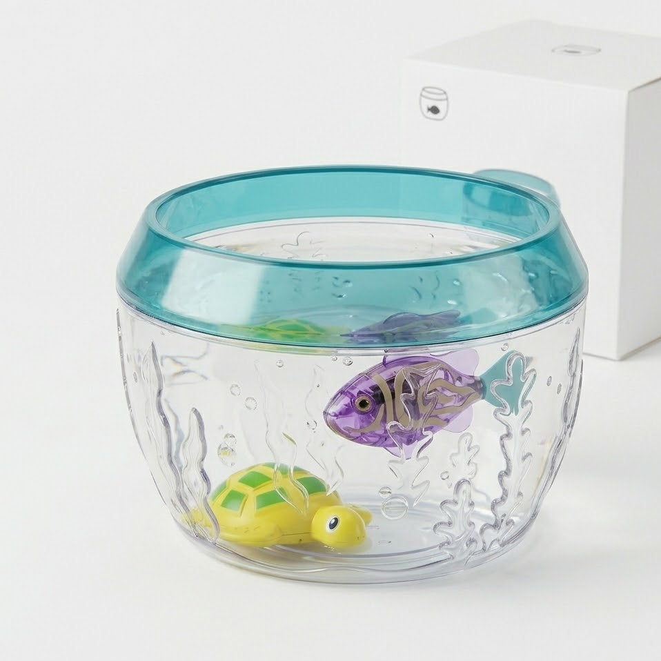 Junavex 2-in-1 Interactive Aquatic Toy Set for Cats – Clear Fish Bowl with Realistic Teal Rim & 2 Submersible Robotic Pets (Yellow Turtle & Purple Fish)