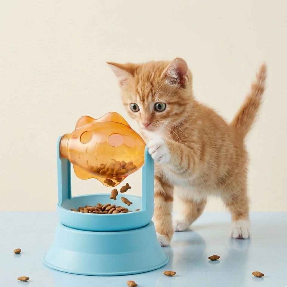 Junavex 2-in-1 Rotating Fish Cat Treat Dispenser - Interactive Slow Feeder & Puzzle Toy for Cats & Kittens, Adjustable Food Leakage Toy with Non-Slip Base