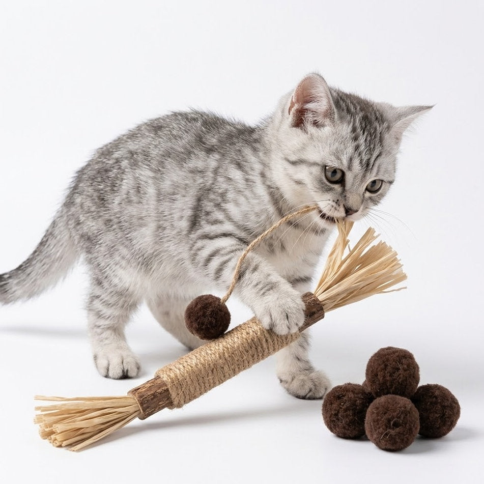 Junavex Natural Matatabi Cat Chew Toy - Stick with Jute Rope & Sisal Tassel End, Dark Brown Fuzzy Balls on String, Dental Care and Boredom Relief for Indoor Cats & Kittens.
