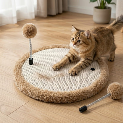 Junavex High-Density Interactive Cat Scratcher - Premium Scratching Surface with Twin Spring-Mounted Pom-Poms, Stable Non-Slip Base, boredom Relief Toy for Cats of All Sizes.