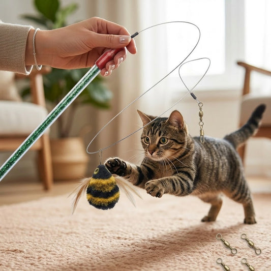 Junavex Bumblebee Series Interactive Cat Teaser - 360° Rotating Steel Wire Wand with Shimmering Handle and Natural Feathers for Active Play.