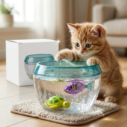 Junavex 2-in-1 Interactive Aquatic Toy Set for Cats – Clear Fish Bowl with Realistic Teal Rim & 2 Submersible Robotic Pets (Yellow Turtle & Purple Fish)