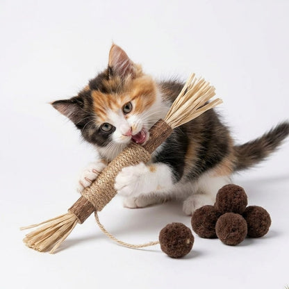 Junavex Natural Matatabi Cat Chew Toy - Stick with Jute Rope & Sisal Tassel End, Dark Brown Fuzzy Balls on String, Dental Care and Boredom Relief for Indoor Cats & Kittens.