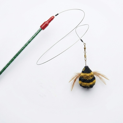 Junavex Bumblebee Series Interactive Cat Teaser - 360° Rotating Steel Wire Wand with Shimmering Handle and Natural Feathers for Active Play.