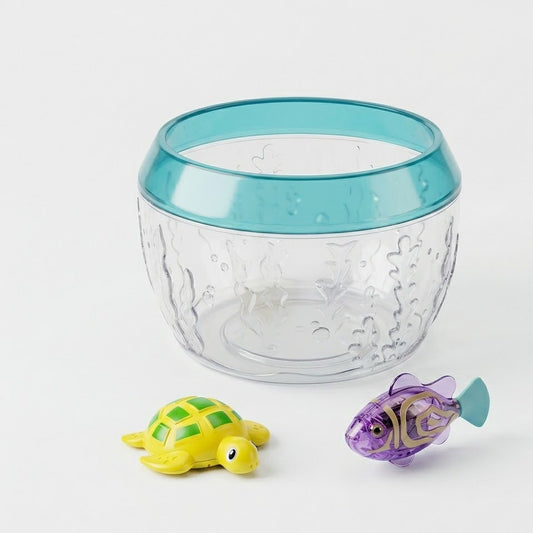 Junavex 2-in-1 Interactive Aquatic Toy Set for Cats – Clear Fish Bowl with Realistic Teal Rim & 2 Submersible Robotic Pets (Yellow Turtle & Purple Fish)