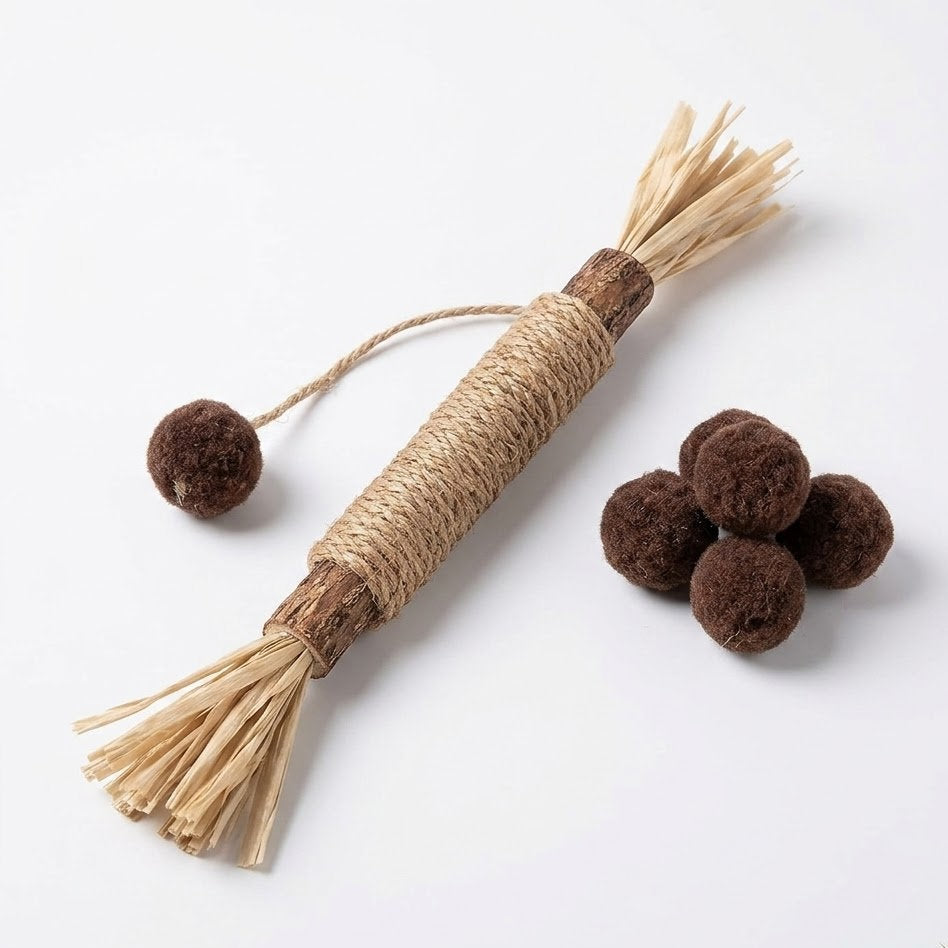 Junavex Natural Matatabi Cat Chew Toy - Stick with Jute Rope & Sisal Tassel End, Dark Brown Fuzzy Balls on String, Dental Care and Boredom Relief for Indoor Cats & Kittens.
